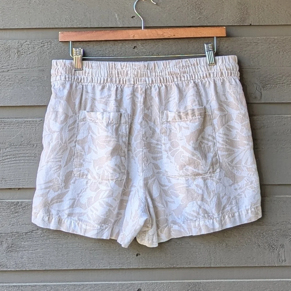 GAP Pull-On Utility Drawstring Linen Shorts White Tan Floral Pockets Small